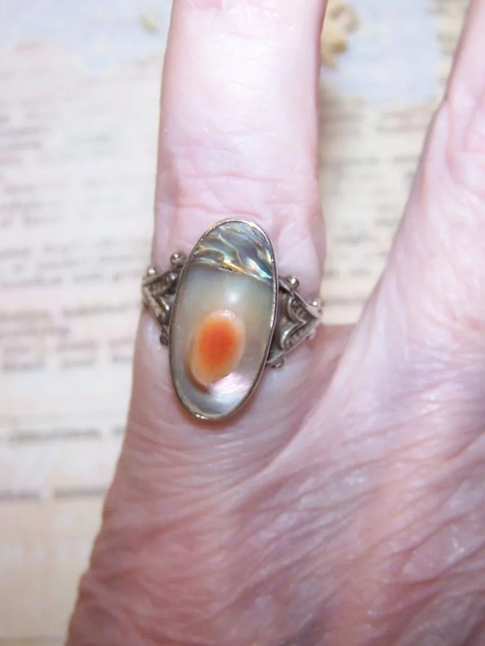 Art Nouveau Sterling Silver Blister Pearl Abalone Ring - Size 4.75